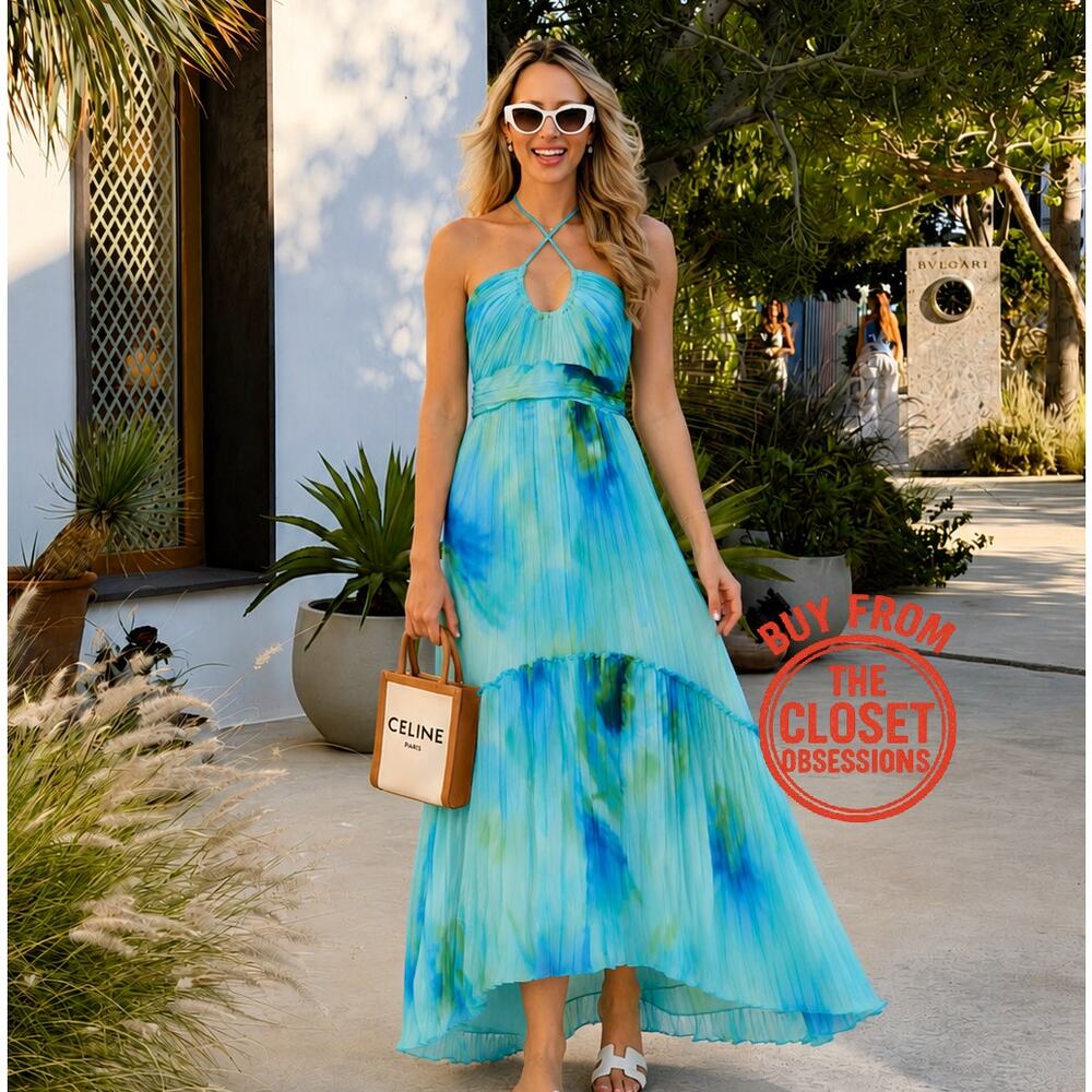 Mango NWT Blue Watercolor Halter Pleated Maxi Dress 6 8 - Picture 2 of 16